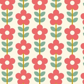 ( med) Retro, daisies, 70s, daisy floral, pink, green