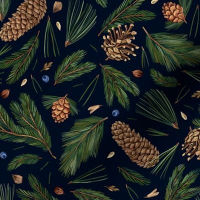 Conifer branches and cones (dark blue)