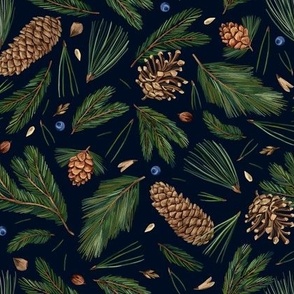 Conifer branches and cones (dark blue)