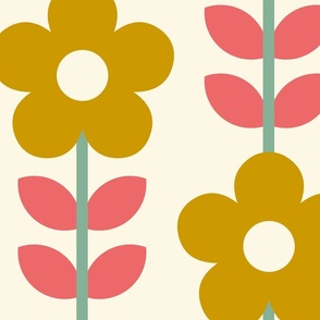 Retro, daisies, 70s, daisy floral, mustard, pink
