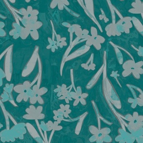 Impressionist inspired Forget Me Not Flowers on Dark Teal Painted Marble Textured Background