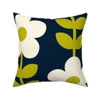 Retro, daisies, 70s, daisy floral, navy, lime 