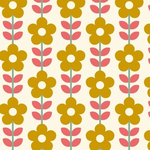  ( med ) Retro, daisies, 70s, daisy floral, mustard, pink