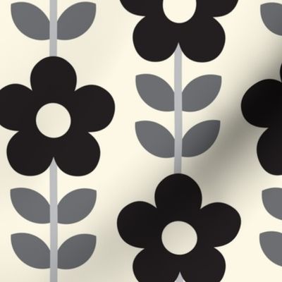 ( med ) Retro, daisies, 70s, daisy floral, ivory, black, greys