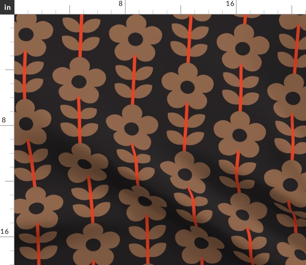 ( med) Retro, daisies, 70s, daisy floral, brown, orange 