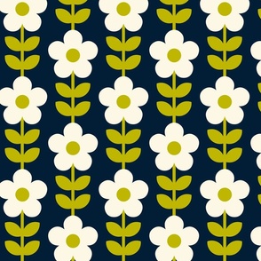 ( med) Retro, daisies, 70s, daisy floral, navy, lime 