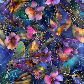 Stained Glass Watercolor Purple Evening Magical Hummingbirds Birds with Flowers