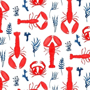 medium - Three lobsters and a crab - watercolor red and blue on white