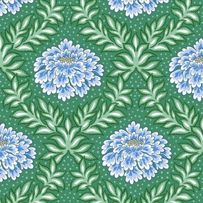 bold floral/blue on green background/large