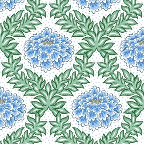bold floral/blue and green on white background/large