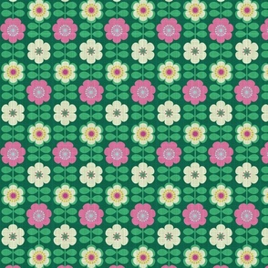 Fun 70s Scandinavian flowers. pink and green, linen textured (s)