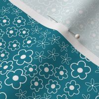 Turquoise and White Blossom Ditsy  - Print - Small Floral Quilting Fabric

