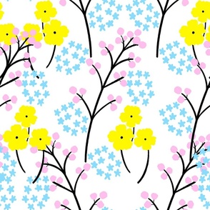 Berry Happy Flower Field Pink, Yellow Baby Sky Blue And White Retro Modern Grandmillennial Cottagecore Swiss Scandi Pastel Line Art Garden Floral Meadow Ditzy Repeat Pattern