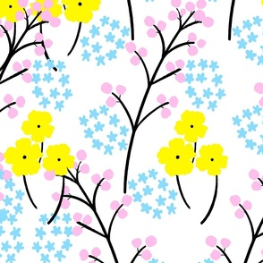 Berry Happy Flower Field Big Pink, Yellow, Baby Sky Blue And White Retro Modern Grandmillennial Cottagecore Swiss Scandi Pastel Line Art Garden Floral Meadow Ditzy Repeat Pattern