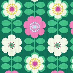 Fun 70s Scandinavian flowers. pink and green, linen textured (L)