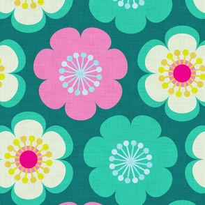 Happy 70s Scandinavian flowers. pink and green, yellow, linen texture (L)