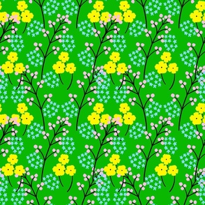 Berry Happy Flower Field Mini Pink, Yellow, Baby Sky Blue And Grass Green Retro Modern Grandmillennial Cottagecore Swiss Scandi Pastel Line Art Garden Floral Meadow Ditzy Repeat Pattern