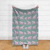 elephant parade/pink on soft teal green/large