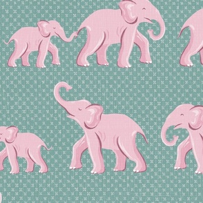 elephant parade/pink on soft teal green/large