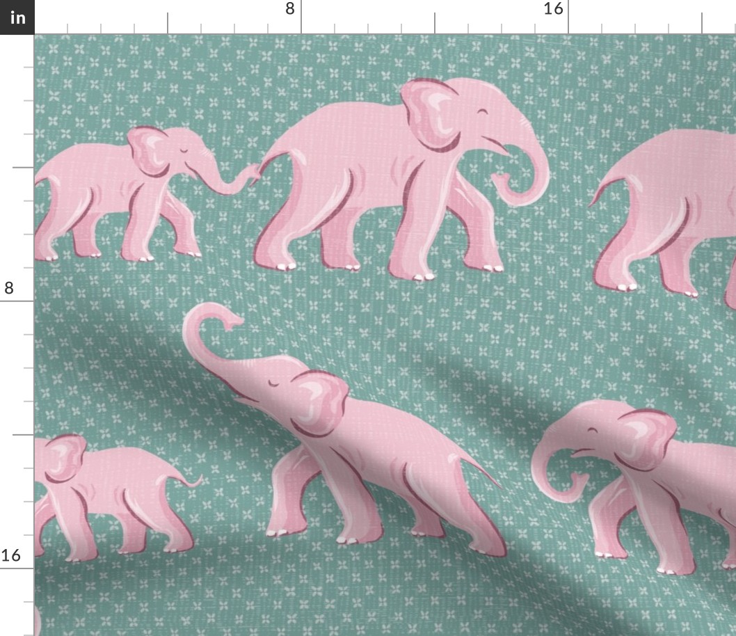 elephant parade/pink on soft teal green/large
