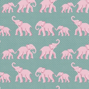 elephant parade/pink on soft teal green/medium