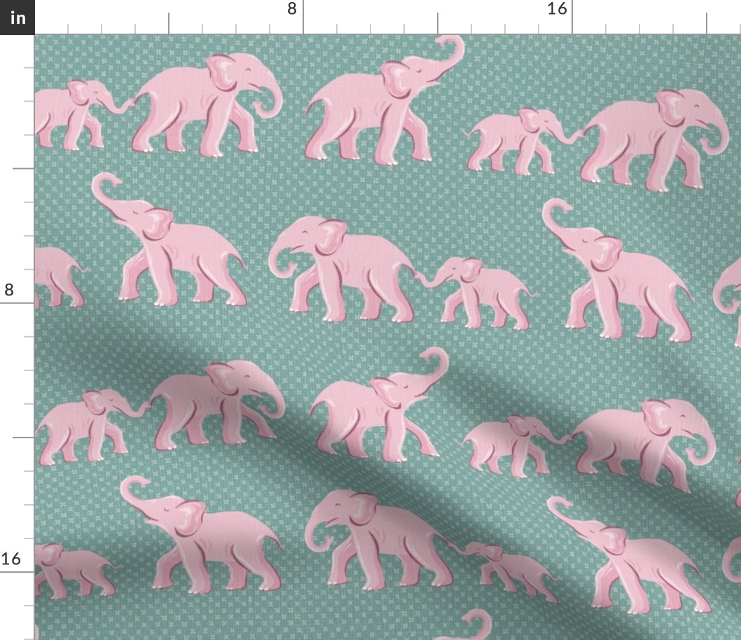 elephant parade/pink on soft teal green/medium