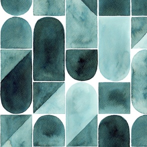 Watercolor Modern Geometric Circles Squares Ovals Jumbo Scale in Original Teal