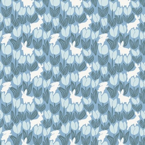 Rabbits and Tulips Garden blue monochrome 6in large-repeat