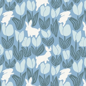 Rabbits and Tulips Garden blue monochrome 12in JUMBO-repeat