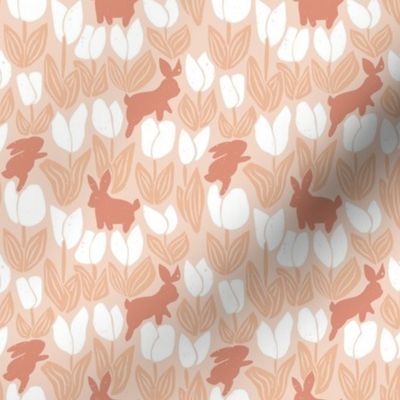 Rabbits and Tulips Garden peach brown monochrome 4in medium-repeat