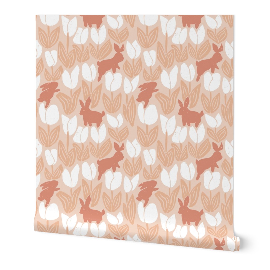 Rabbits and Tulips Garden peach brown monochrome 12in JUMBO-repeat