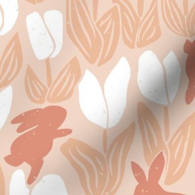 Rabbits and Tulips Garden peach brown monochrome 12in JUMBO-repeat