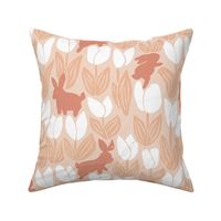 Rabbits and Tulips Garden peach brown monochrome 12in JUMBO-repeat