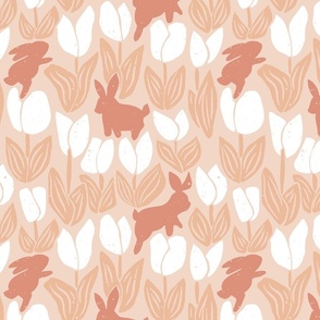 Rabbits and Tulips Garden peach brown monochrome 12in JUMBO-repeat