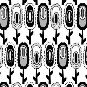 MidMod Retro Oval Flowers // Gray, Black and White // Small Scale - 2025 DPI