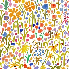 Bright and colorful watercolor pattern, children’s, whimsical and quirky collage, hand painted floral