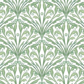 Watercolor botanical art deco scallop pattern in green