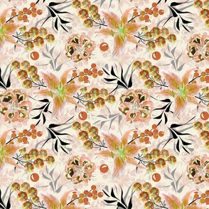 Orange flowers on a cream background. Retro branch watercolor pattern.