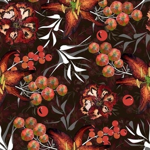 Red, orange flowers on a dark brown background. Retro branch watercolor pattern.