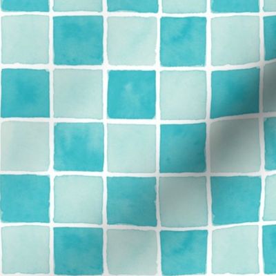 Hand Painted Watercolor Check Board Pattern in Aqua Blue