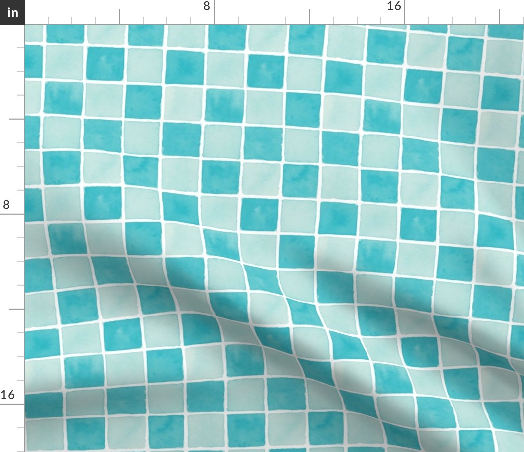 Hand Painted Watercolor Check Board Pattern in Aqua Blue