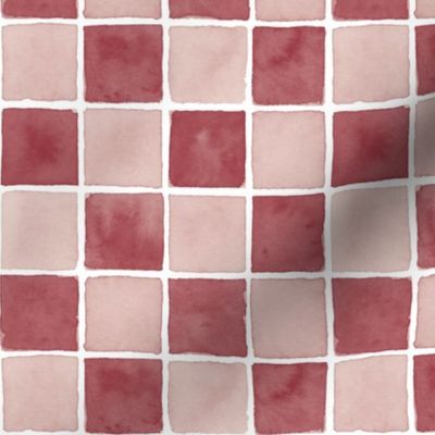 Hand Painted Watercolor Check Board Pattern in Burgundy Wine Red