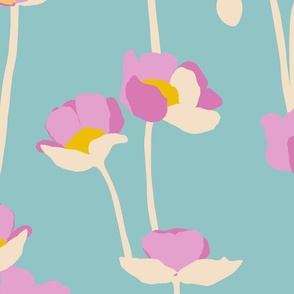 Large - Poppies - pink purple yellow and off white on light teal blue - simple floral - happy bold and bright - spring summer - upholstery wallpaper