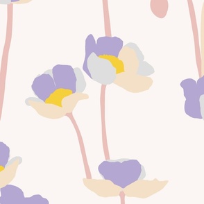 Large - Poppies - lavender gray yellow and pink on off white - simple floral - happy bold and bright - spring summer - upholstery wallpaper