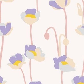 Small - Poppies - lavender gray yellow and pink on off white - simple floral - happy bold and bright - spring summer - upholstery wallpaper