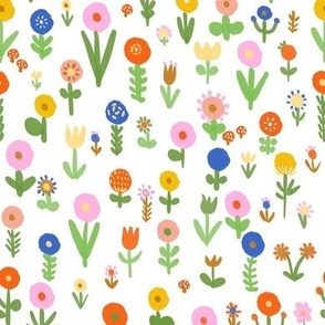 Small - Happy floral - white - cheerful multicolored vibrant flowers - modern maximalist - cute kids flower fabric - painterly spring wildflowers meadow flower
