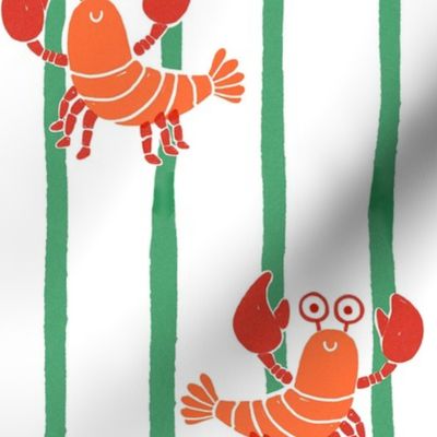 Medium - Cute lobster stripe - orange red lobsters on a Kelly green and white stripe - cute kids nursery childrens clothing - preppy summer kawaii shellfish