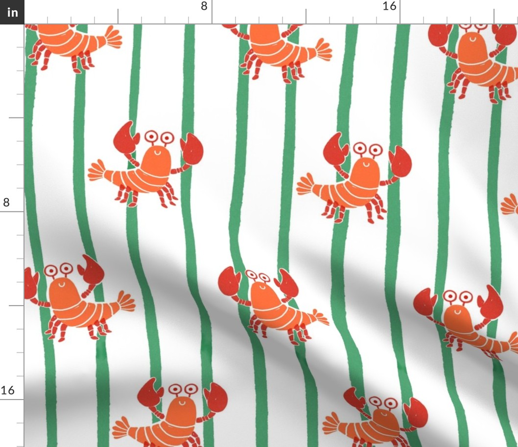 Medium - Cute lobster stripe - orange red lobsters on a Kelly green and white stripe - cute kids nursery childrens clothing - preppy summer kawaii shellfish