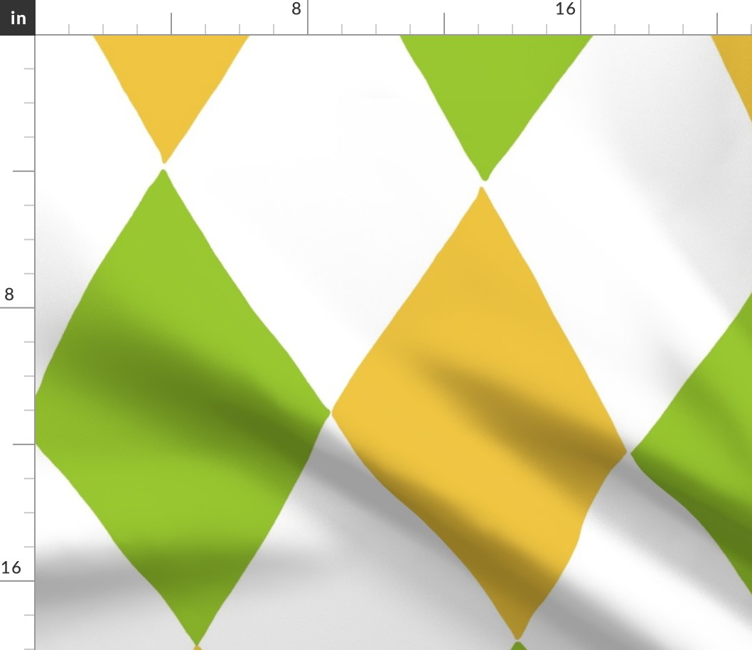 Large - harlequin diamond - Bright medium green Mustard yellow and white - hand drawn brush stroke - Rhombus Lozenge pattern Checkered Geometric - fun happy boy nursery wallpaper