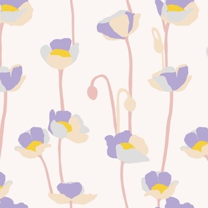 Medium - Poppies - lavender gray yellow and pink on off white - simple floral - happy bold and bright - spring summer - upholstery wallpaper